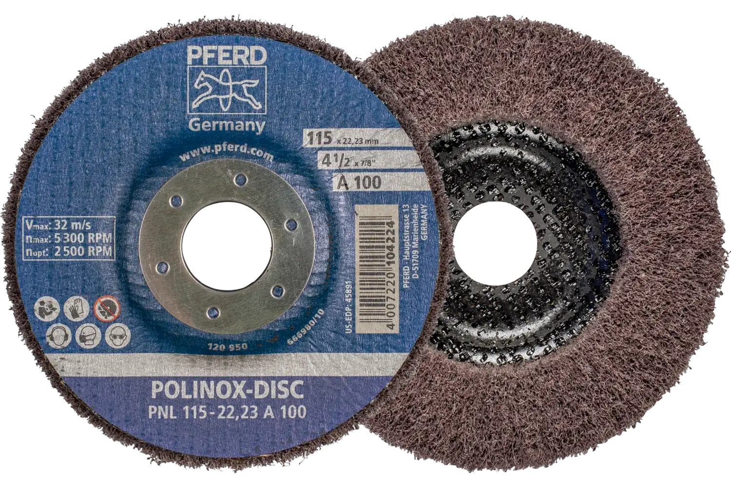 Picture of Pferd Polinox® Fibre-backing disc, 4-1/2" 3/4 x 7/8, Radial, 100 Grit, Aluminum oxide